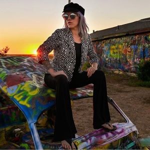 Black and white “eye see you” jacket